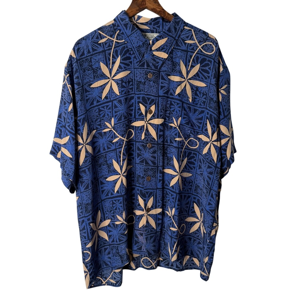 Avanti Mens XXXL Blue Silk Floral Geometric Hawaiian Aloha Shirt Coconut Buttons